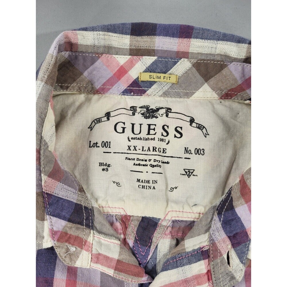 GUESS Men's Slim Fit Short Sleeve Plaid Shirt - Multicolor (Blue/Pink/Gray) - Picture 4 of 14